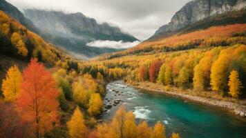 ai generativo espléndido vistoso otoño paisaje, otoño escena de vistoso colinas en popular paisaje foto