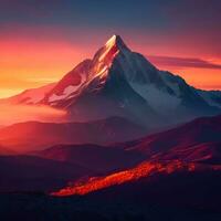 AI Generative Dawn over the snow capped mountains. Snowy mountain peak at dawn. Sunrise in mountains. Mountain sunrise landscape photo