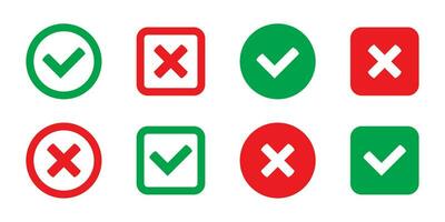 Green tick and red cross checkmarks flat icons. Yes or no symbol, approved or rejected icon for user interface. vector