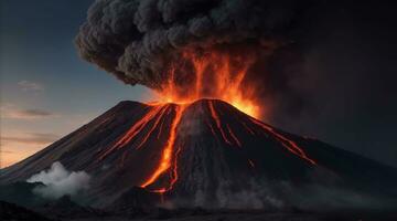 ai generativo volcán erupción con masivo alto estallidos de lava y caliente nubes altísimo alto dentro el cielo, piroclástico fluir en Asia Krakatoa foto