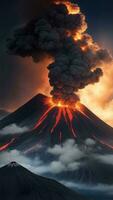 AI Generative volcano eruption with massive high bursts of lava and hot clouds soaring high into the sky, pyroclastic flow in asia krakatoa photo