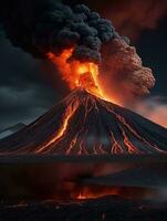 AI Generative volcano eruption with massive high bursts of lava and hot clouds soaring high into the sky, pyroclastic flow in asia krakatoa photo