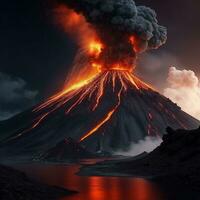 AI Generative volcano eruption with massive high bursts of lava and hot clouds soaring high into the sky, pyroclastic flow in asia krakatoa photo
