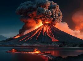 ai generativo volcán erupción con masivo alto estallidos de lava y caliente nubes altísimo alto dentro el cielo, piroclástico fluir en Asia Krakatoa foto