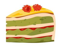 A piece of green cake with raspberries. Homemade cakes. Vector illustration on a white background.