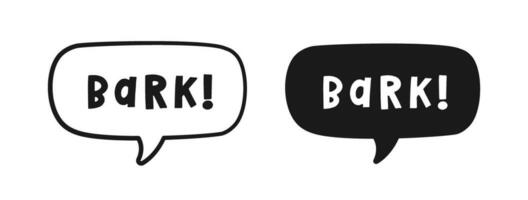 Bark text in a speech bubble balloon outline and silhouette set. Cartoon comics dog sound effect lettering. Simple flat vector illustration.