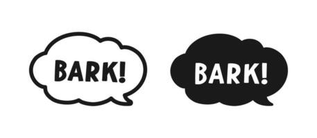 Bark text in a speech bubble balloon outline and silhouette set. Cartoon comics dog sound effect lettering. Simple flat vector illustration.