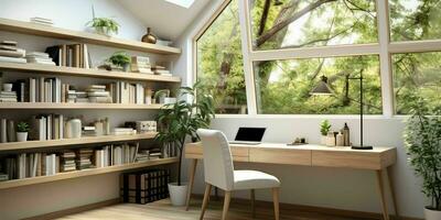 AI generated A minimal home office with view from window, wall-mounted desk, modern chair and a bookcase photo