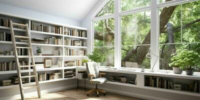 AI generated A minimal home office with view from window, wall-mounted desk, modern chair and a bookcase photo