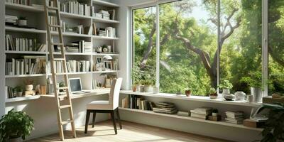 AI generated A minimal home office with view from window, wall-mounted desk, modern chair and a bookcase photo