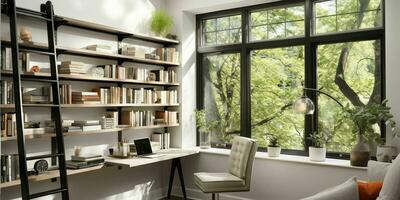 AI generated A minimal home office with view from window, wall-mounted desk, modern chair and a bookcase photo