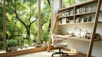 AI generated A minimal home office with view from window, wall-mounted desk, modern chair and a bookcase photo