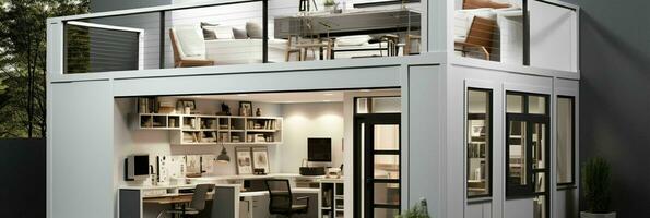 AI generated A minimal home office with view from window, wall-mounted desk, modern chair and a bookcase photo
