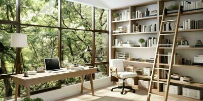 AI generated A minimal home office with view from window, wall-mounted desk, modern chair and a bookcase photo