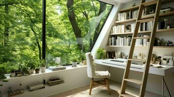 AI generated A minimal home office with view from window, wall-mounted desk, modern chair and a bookcase photo