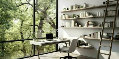 AI generated A minimal home office with view from window, wall-mounted desk, modern chair and a bookcase photo