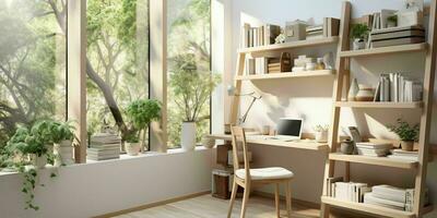 AI generated A minimal home office with view from window, wall-mounted desk, modern chair and a bookcase photo