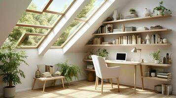 AI generated A minimal home office with view from window, wall-mounted desk, modern chair and a bookcase photo