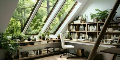 AI generated A minimal home office with view from window, wall-mounted desk, modern chair and a bookcase photo
