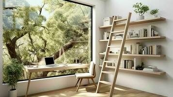 AI generated A minimal home office with view from window, wall-mounted desk, modern chair and a bookcase photo