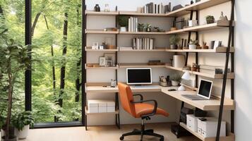 AI generated A minimal home office with view from window, wall-mounted desk, modern chair and a bookcase photo