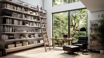 AI generated A minimal home office with view from window, wall-mounted desk, modern chair and a bookcase photo