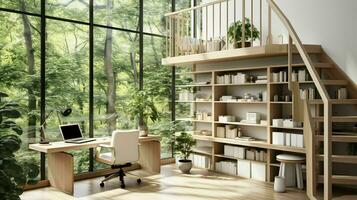 AI generated A minimal home office with view from window, wall-mounted desk, modern chair and a bookcase photo