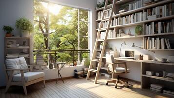 AI generated A minimal home office with view from window, wall-mounted desk, modern chair and a bookcase photo