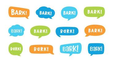 Bark text in a speech bubble balloon set, digital sticker design. Cute cartoon comics dog puppy sound effect and lettering. Textured vector illustration.