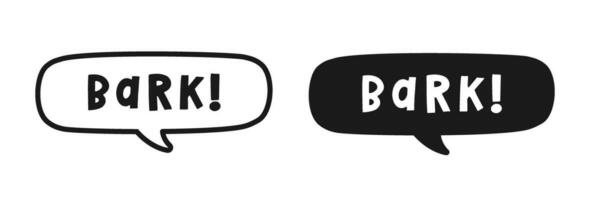 Bark text in a speech bubble balloon outline and silhouette set. Cartoon comics dog sound effect lettering. Simple flat vector illustration.