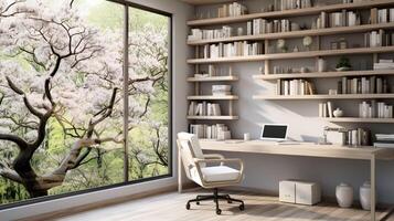 AI generated A minimal home office with view from window, wall-mounted desk, modern chair and a bookcase photo