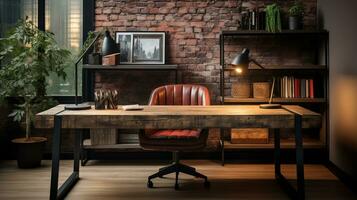 AI generated Industrial-style home office with a reclaimed wood desk Design and a bookshelfAI photo