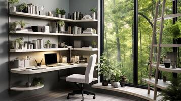 AI generated A minimal home office with view from window, wall-mounted desk, modern chair and a bookcase photo