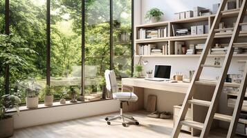 AI generated A minimal home office with view from window, wall-mounted desk, modern chair and a bookcase photo