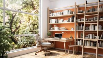 AI generated A minimal home office with view from window, wall-mounted desk, modern chair and a bookcase photo