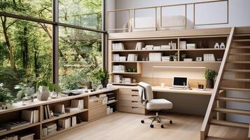 AI generated A minimal home office with view from window, wall-mounted desk, modern chair and a bookcase photo