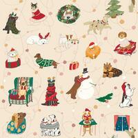 Christmas dog winter vector seamless pattern.