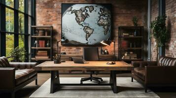 AI generated Industrial-style home office with a reclaimed wood desk Design and a bookshelfAI photo