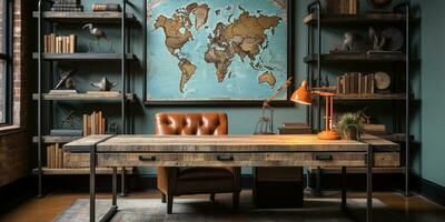 AI generated Industrial-style home office with a reclaimed wood desk Design and a bookshelfAI photo