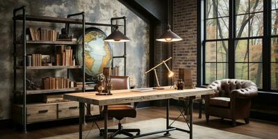 AI generated Industrial-style home office with a reclaimed wood desk Design and a bookshelfAI photo