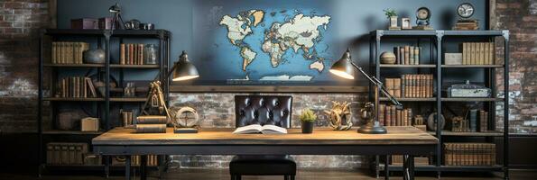 AI generated Industrial-style home office with a reclaimed wood desk Design and a bookshelfAI photo