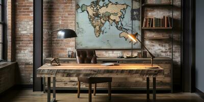 AI generated Industrial-style home office with a reclaimed wood desk Design and a bookshelfAI photo
