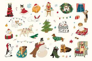 Christmas dog winter vector illustrations set.