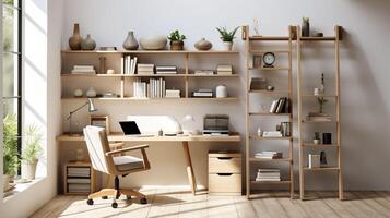 AI generated A minimal home office with view from window, wall-mounted desk, modern chair and a bookcase photo