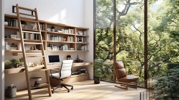 AI generated A minimal home office with view from window, wall-mounted desk, modern chair and a bookcase photo