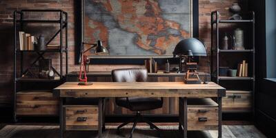 AI generated Industrial-style home office with a reclaimed wood desk Design and a bookshelf photo