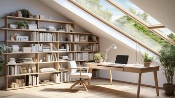 AI generated A minimal home office with view from window, wall-mounted desk, modern chair and a bookcase photo