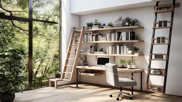 AI generated A minimal home office with view from window, wall-mounted desk, modern chair and a bookcase photo