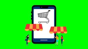 online boodschappen doen concept met miniatuur boodschappen doen kar staand in voorkant van laptop, online winkelen, marktplaats platform website, technologie, e handel, Verzending levering, online betaling, groen scherm video