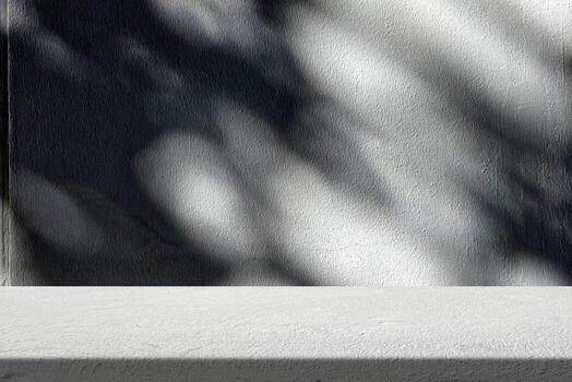 Stucco Table with White Concrete Wall Texture Background with Light Beam, Bokeh and Shadow, Suitable for Product Presentation Backdrop, Display, and Mock up. photo